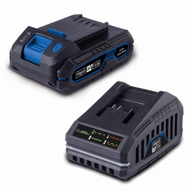 Scheppach cordless accessories for 20V system. Top: 2.0 Ah Lithium Power battery. Bottom: Charging station with standby indicator.